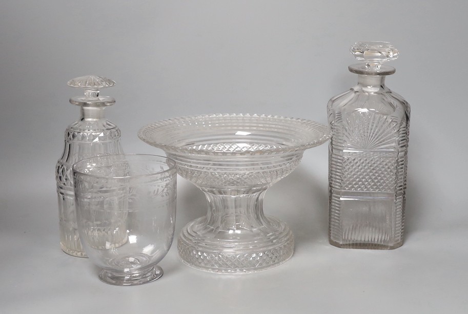 Two cut glass decanters, a regency pedestal bowl stand, 14cm high, and an etched glass sugar bowl